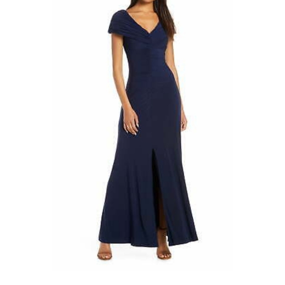 Vince Camuto Dresses & Skirts - VINCE CAMUTOPortrait Collar Ruched Evening Gown In Navy